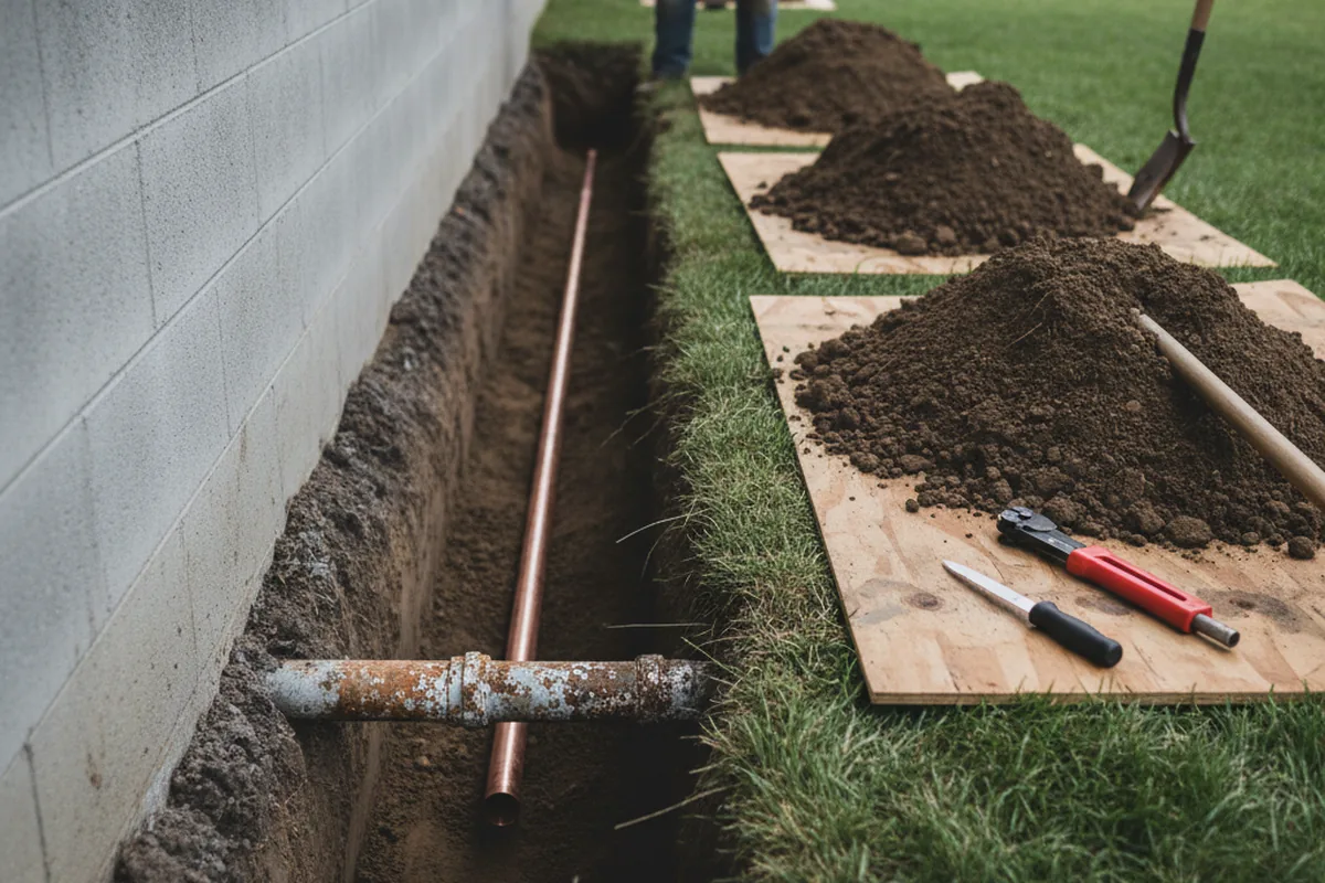Excavated water line trench during Water Softener Installation in Smith
